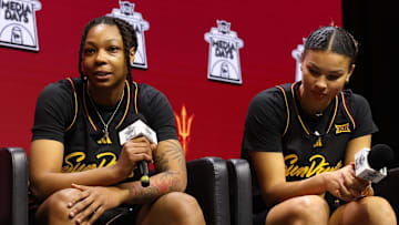Oct 21, 2025; Kansas City, MO, USA; Arizona State's Gabby Elliot (left) and McKinna Brackens (right) speak to media during Big 12 Womenís Basketball Media Day at T-Mobile Center. Mandatory Credit: Sophia Scheller-Imagn Images