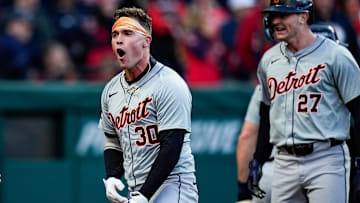 Detroit Tigers outfielder Kerry Carpenter (30) celebrates batting a 3-run home run against Cleveland Guardians during the ninth inning of Game 2 of ALDS at Progressive Field in Cleveland, Ohio on Monday, Oct. 7, 2024.
