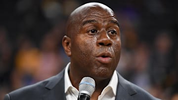 Oct 8, 2017; Las Vegas, NV, USA; President of Basketball Operations of the Los Angeles Lakers Earvin Magic Johnson speaks about the tragedy in Las Vegas before the start of a preseason game between the Los Angeles Lakers and the Sacramento Kings at T-Mobile Arena. Mandatory Credit: Stephen R. Sylvanie-Imagn Images