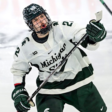 Michigan State's Isaac Howard celebrates his goal against Notre Dame during the third period in the Big Ten tournament on Saturday, March 15, 2025, at Muni Arena in East Lansing.
