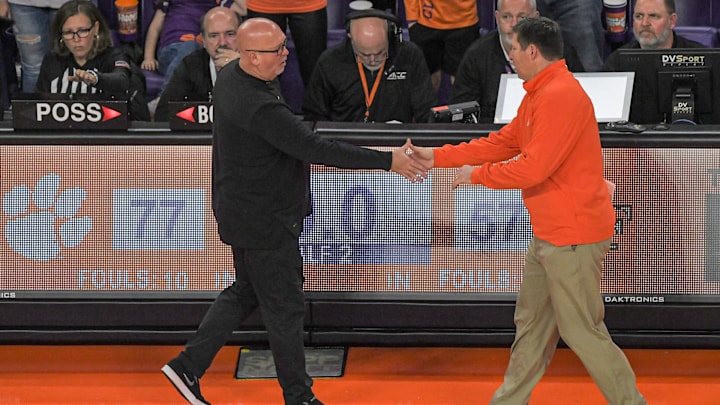 Wake Forest Coach Steve Forbes shakes hands with Clemson Head Coach Brad Brownell after the game at Littlejohn Coliseum Friday, December 2, 2022. Clemson won 77-57.

Clemson Basketball Vs Wake Forest University Acc