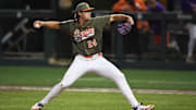 Clemson junior Joe Allen(24) pitches to Gardner-Webb University during the top of the third inning at Doug Kingsmore Stadum in Clemson, S.C. Wednesday, April 9, 2025.