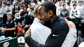 Michigan State's coach Tom Izzo, left, hugs former Spartans and Bowling Green's associate head coach Lourawls Nairn Jr. before the game on Thursday, Oct. 23, 2025, at the Breslin Center in East Lansing.