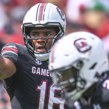 South Carolina quarterback LaNorris Sellers (16) gets ready to run a play against Louisiana State University during the first quarter at Williams-Brice Stadium in Columbia, S.C. Saturday, September 14, 2024.