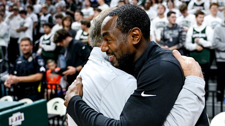 Michigan State's coach Tom Izzo, left, hugs former Spartans and Bowling Green's associate head coach Lourawls Nairn Jr. before the game on Thursday, Oct. 23, 2025, at the Breslin Center in East Lansing.