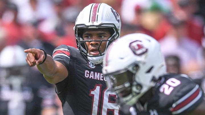 South Carolina quarterback LaNorris Sellers (16) gets ready to run a play against Louisiana State University during the first quarter at Williams-Brice Stadium in Columbia, S.C. Saturday, September 14, 2024.