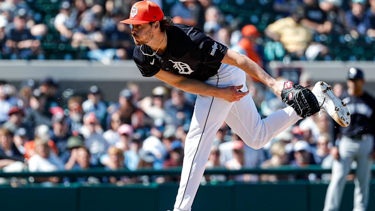 Tigers pitcher Mason Englert delivers a pitch against the Yankees during the fourth inning of Grapefruit League season opener at Joker Marchant Stadium in Lakeland, Florida, on Saturday, Feb. 24, 2024.