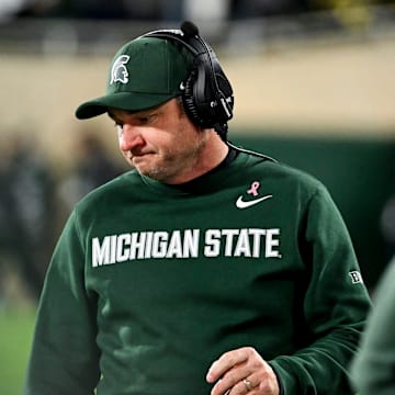 Michigan State's head coach Jonathan Smith looks on from the sideline during the fourth quarter in the game against Michigan on Saturday, Oct. 25, 2025, at Spartan Stadium in East Lansing.