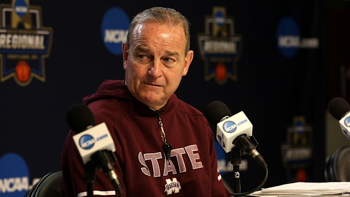 Mississippi State head coach Vic Shaefer answers questions from the media during a press conference prior to the NCAA Women's Regional at the Moda Center in Portland on March 28, 2019.