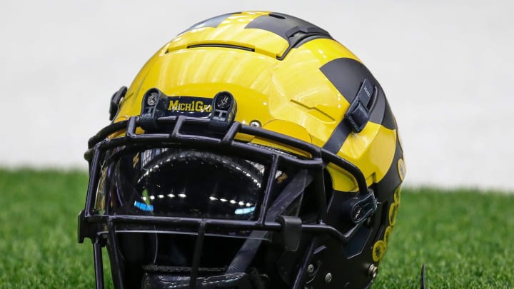 A Michigan football helmet on the sideline during open practice at NRG Stadium in Houston, Texas on Saturday, Jan. 6, 2024.