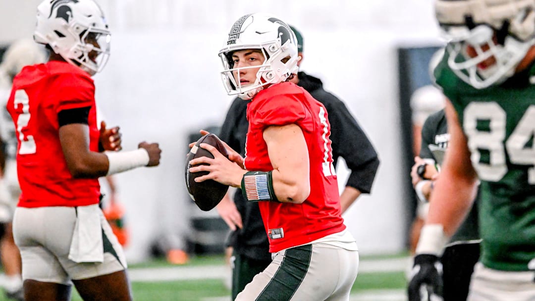 Michigan State quarterback Alessio Milivojevic looks to throw during football practice on Tuesday, April 8, 2025, in East Lansing.