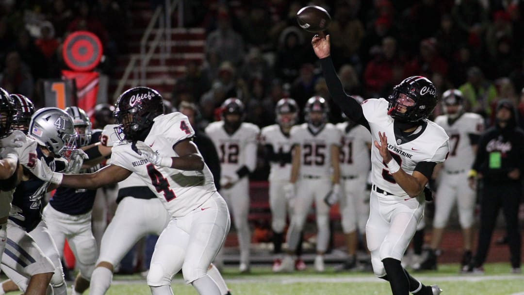 Bellefontaine's Tavien St. Clair throws to the outside against Granville in the Division III, Region 11 semifinal on Friday, November 11, 2023, at London High School.