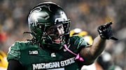 Michigan State's Makhi Frazier celebrates after a run against Michigan during the second quarter on Saturday, Oct. 25, 2025, at Spartan Stadium in East Lansing.