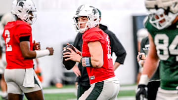 Michigan State quarterback Alessio Milivojevic looks to throw during football practice on Tuesday, April 8, 2025, in East Lansing.