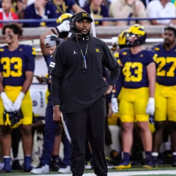 Michigan head coach Sherrone Moore looks up during the first half against Fresno State at Michigan Stadium at Michigan Stadium in Ann Arbor on Saturday, Aug. 31, 2024.