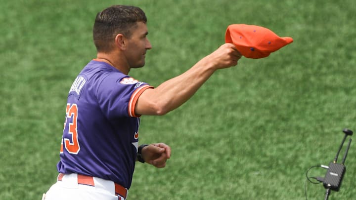 Clemson Head Coach Erik Bakich tips his cap before the NCAA baseball Clemson Regional at Doug Kingsmore Stadium in Clemson, S.C. Sunday, June 1, 2025.