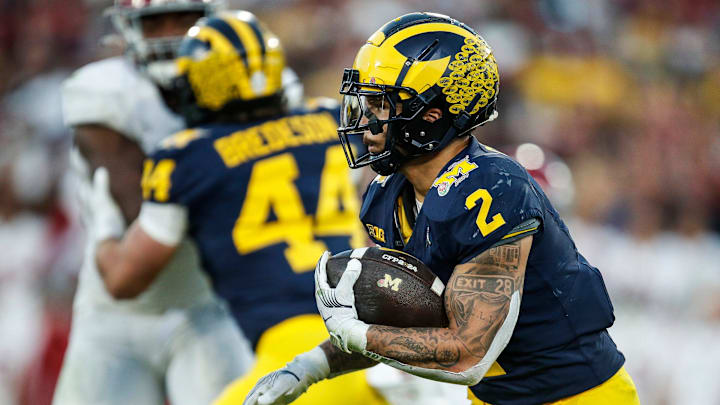 Michigan running back Blake Corum (2) runs against Alabama during the second half of the Rose Bowl in Pasadena, Calif., on Monday, Jan. 1, 2024.