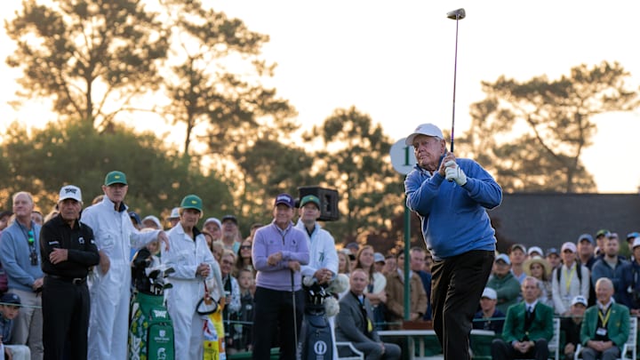 Jack Nicklaus tees off at the 2025 Masters Tournament. Jack Nicklaus tees off at the 2025 Masters Tournament.