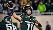Michigan State's Alessio Milivojevic throws a pass against Michigan during the fourth quarter on Saturday, Oct. 25, 2025, at Spartan Stadium in East Lansing.