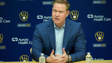 Senior Vice President and General Manager Matt Arnold speaks during an an end of season press conference at American Family Field in Milwaukee on Tuesday, Oct. 10, 2023.