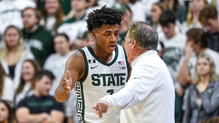 Michigan State's head coach Tom Izzo, right, talks with Jeremy Fears Jr. during the first half against Bowling Green on Saturday, Nov. 16, 2024, Breslin Center in East Lansing.
