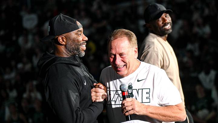 Michigan State men's basketball head coach Tom Izzo, center, former MSU players Mateen Cleaves, left, and Jason Richardson greet Izzo during the Michigan State Madness event on Friday, Oct. 4, 2024, at the Breslin Center in East Lansing.