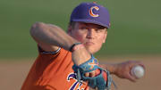 Clemson pitcher Reed Garris (15) pitches to University of Louisville during the top of the seventh inning at Doug Kingsmore Stadum in Clemson, S.C. Friday, April 18, 2025.