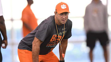 Clemson head coach Dabo Swinney during his 2025 football camp in Clemson, S.C. Tuesday, June 3, 2025.