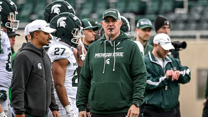 Michigan State's head coach Pat Fitzgerald looks on during the football Spring Showcase on Saturday, April 18, 2026, at Spartan Stadium in East Lansing.