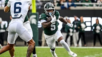 Michigan State's Makhi Frazier runs for a gain against Penn State during the first quarter on Saturday, Nov. 15, 2025, at Spartan Stadium in East Lansing.