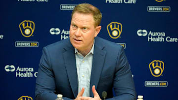Senior Vice President and General Manager Matt Arnold speaks during an an end of season press conference at American Family Field in Milwaukee, October 10, 2023.