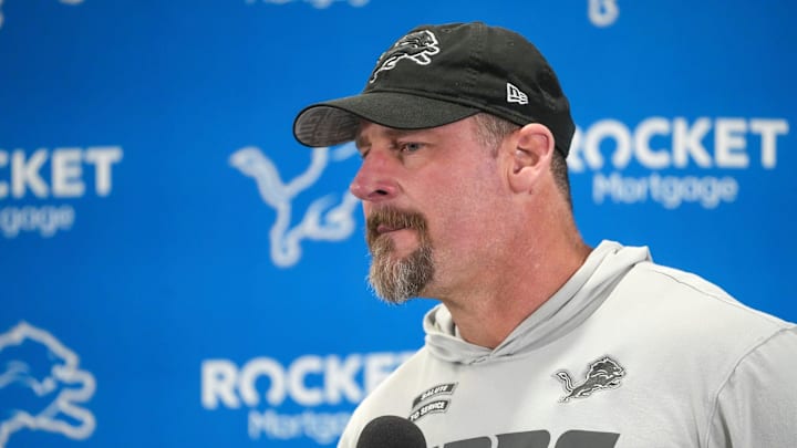 Detroit Lions head coach Dan Campbell speaks to members of the media at the Detroit Lions practice facility in Allen Park on Monday, Jan. 20, 2025, following his team’s NFC divisional playoff loss.