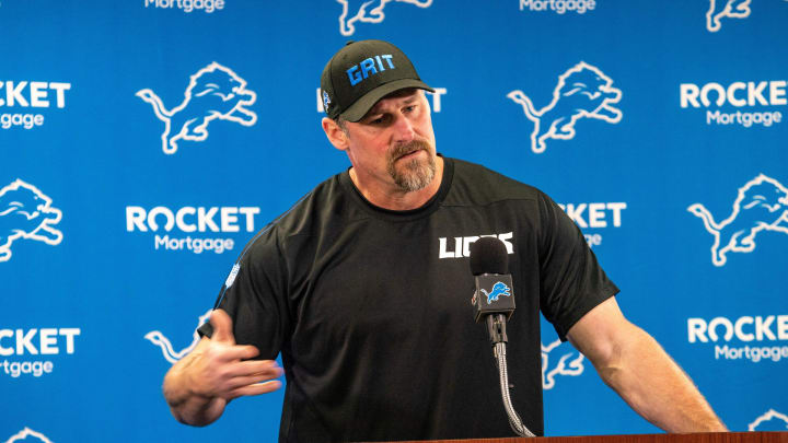 Detroit Lions head coach Dan Campbell speaks to the media before practice begins.