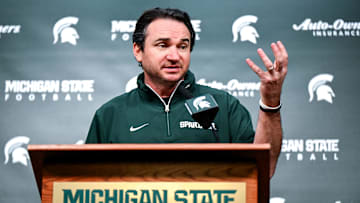 Michigan State coach Jonathan Smith talks the media on the first national signing day for college football recruits Wednesday, Dec. 4, 2024, at Spartan Stadium in East Lansing.