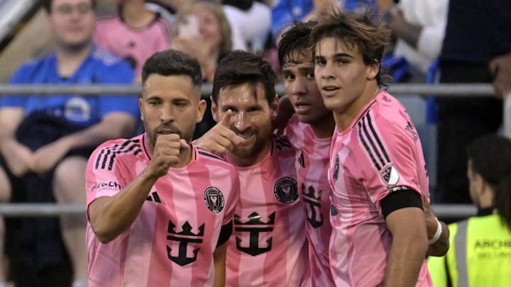 Inter Miami CF players, from left, Jordi Alba, Lionel Messi, Telasco Segovia and Benjamin Cremaschi, celebrate Saturday after a Messi goal against CF Montreal. Mandatory Credit