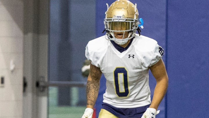 Notre Dame safety Xavier Watts (0) during Notre Dame Spring Practice on Wednesday, March 22, 2023,