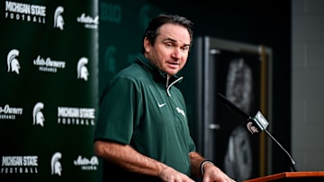 Michigan State coach Jonathan Smith talks the media on the first national signing day for college football recruits Wednesday, Dec. 4, 2024, at Spartan Stadium in East Lansing.