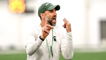 Michigan State's defensive coordinator Joe Rossi gives instructions while working with linebackers during camp on Monday, Aug. 5, 2024, at the indoor practice facility in East Lansing.