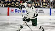 Michigan State's Tommi MŠnnistš takes a shot against Notre Dame during the second period in the Big Ten tournament on Saturday, March 15, 2025, at Muni Arena in East Lansing.