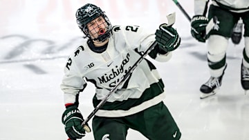 Michigan State's Isaac Howard celebrates his goal against Notre Dame during the third period in the Big Ten tournament on Saturday, March 15, 2025, at Muni Arena in East Lansing.