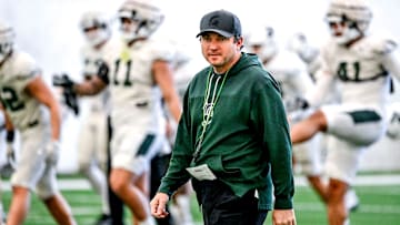 Michigan State football head coach Jonathan Smith looks on during practice on Tuesday, April 8, 2025, in East Lansing.