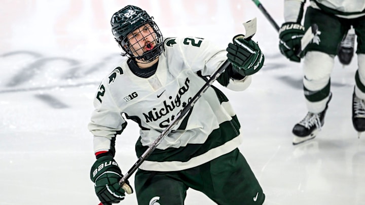 Michigan State's Isaac Howard celebrates his goal against Notre Dame during the third period in the Big Ten tournament on Saturday, March 15, 2025, at Muni Arena in East Lansing.