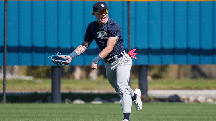 Detroit Tigers outfielder prospect Max Clark works out during spring training at TigerTown in Lakeland, Fla. on Thursday, Feb. 22, 2024.