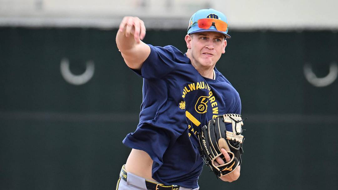 Milwaukee Brewers infielder Cooper Pratt throws across the infield during spring training workouts Monday, February 16, 2026, at American Family Fields of Phoenix in Phoenix, Arizona.