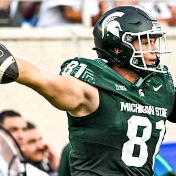 Michigan State's Michael Masunas celebrates a first down after a catch against Florida Atlantic during the first quarter on Friday, Aug. 30, 2024, at Spartan Stadium in East Lansing.