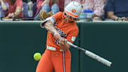 Clemson sophomore Julia Knowler (12) bats against USC Upstate during the bottom of the first inning of the NCAA Softball Tournament Clemson Regional at McWhorter Stadium in Clemson Friday, May 16, 2025.