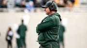 Michigan State's head coach Jonathan Smith looks on during the Spring Showcase on Saturday, April 20, 2024, at Spartan Stadium in East Lansing.