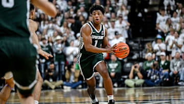 Michigan State's Jeremy Fears Jr. moves the ball against Niagara during the first half on Thursday, Nov. 7, 2024, at the Breslin Center in East Lansing.