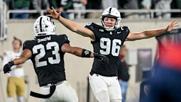 Michigan State's Ryan Eckley, right, celebrates a deep punt with teammate Darius Snow during the fourth quarter in the game against Boston College on Saturday, Sept. 6, 2025, at Spartan Stadium in East Lansing.