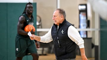 Michigan State's coach Tom Izzo instructs the team during the first day of basketball practice on Monday, Sept. 22, 2025, at the Breslin Center in East Lansing.